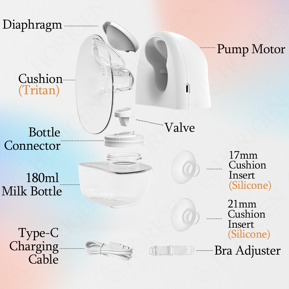 Horigen 2267K KW1 Electric Wearable Breast Pump LCD Panel 4 Modes 10 Suction Levels 180ml Bottle Hands Free USB Rechargeable